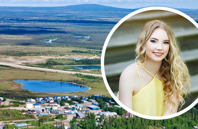 Senior student Bridgette Burrus is white with blonde curly hair. She's wearing yellow. Her portrait is imposed on an image of Shungnak, Alaska in summer: it's green and wooded, with a little town in the bottom of the image, a lake in the middle, and a mountain range at the top. 